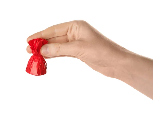Woman Holding Candy Red Wrapper Isolated White Closeup — Stock Photo, Image