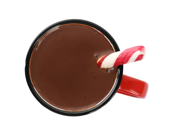 Kopje Heerlijke Warme Chocolademelk Met Suikerriet Geïsoleerd Wit Bovenaanzicht — Stockfoto