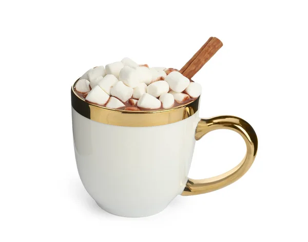 Copa Delicioso Chocolate Caliente Con Malvaviscos Palo Canela Aislado Blanco — Foto de Stock