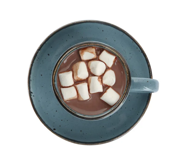 Copa Delicioso Chocolate Caliente Con Malvaviscos Aislados Blanco Vista Superior — Foto de Stock