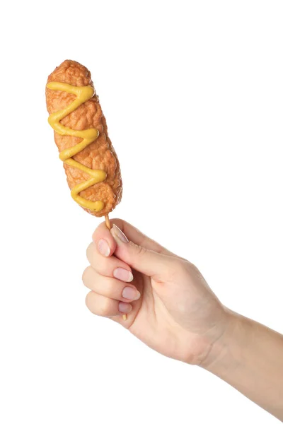 Woman Holding Delicious Deep Fried Corn Dog Mustard White Background — Stock Photo, Image