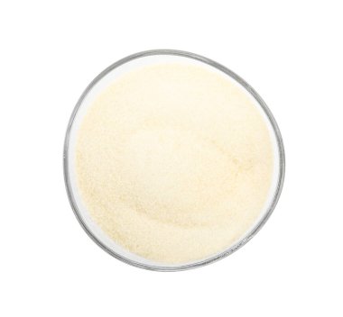 Cam kasedeki jelatin tozu beyaza izole edilmiş, üst manzara.