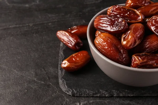 Tasty Sweet Dried Dates Black Table Closeup Space Text — Stock Photo, Image