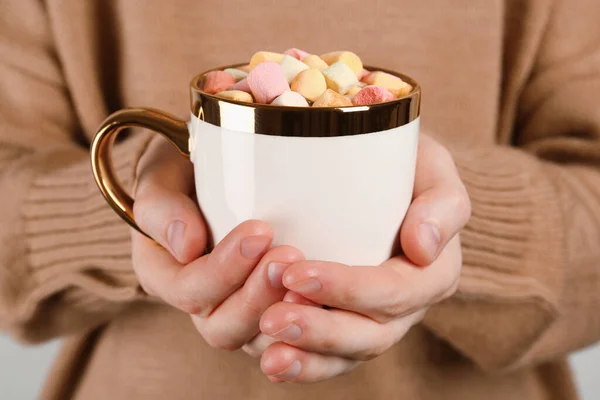 Frau Hält Tasse Mit Köstlicher Heißer Schokolade Mit Marshmallows Nahaufnahme — Stockfoto