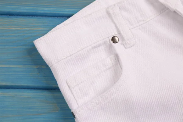 Stylish White Jeans Light Blue Wooden Background Closeup Inset Pocket — Stock Photo, Image