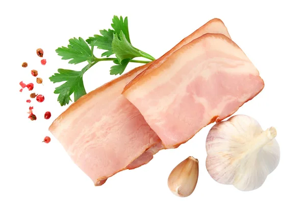 Tranches Délicieux Bacon Fumé Avec Persil Grains Poivre Ail Sur — Photo