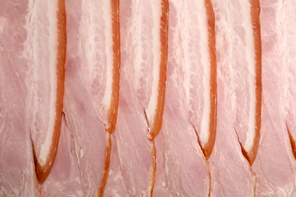 Slices Delicious Smoked Bacon Background Closeup — Stock Photo, Image