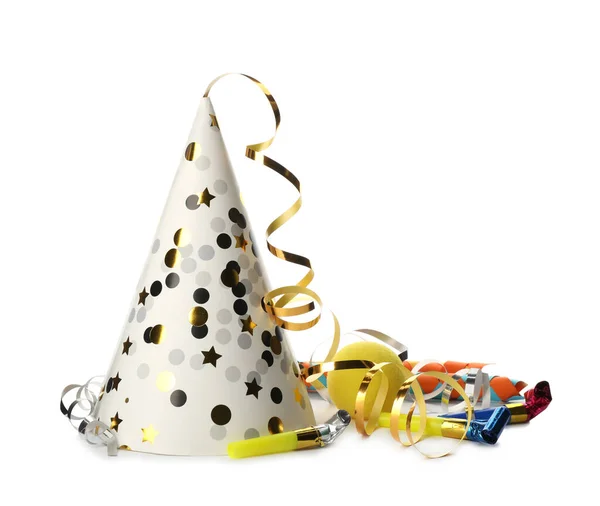 Party Hat Blowers Confetti Streamers Witte Achtergrond — Stockfoto