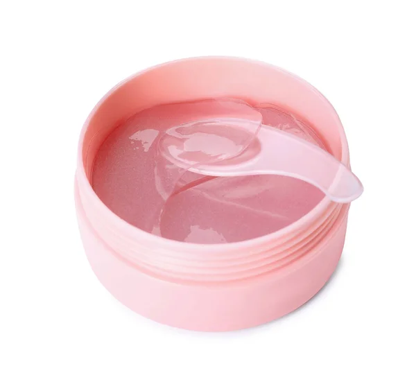 Eye Patches Jar Spatula Isolated White Cosmetic Product — Stock Photo, Image