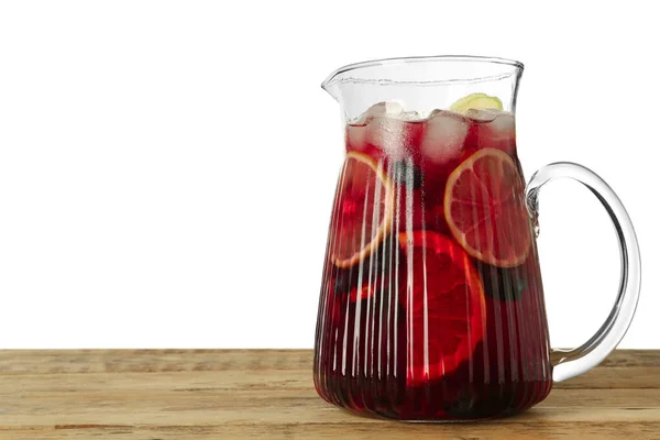 Glass Jug Red Sangria Wooden Table White Background Space Text — Stock Photo, Image