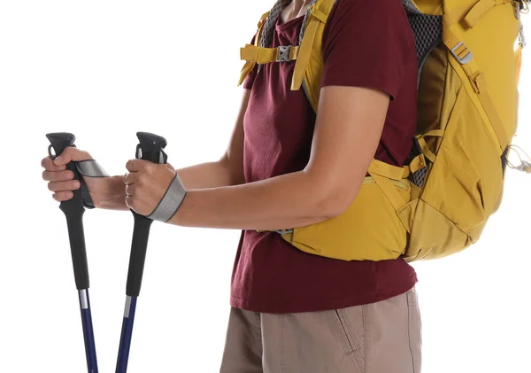 Female Hiker Backpack Trekking Poles White Background Closeup — Stock Photo, Image