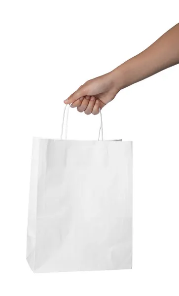 Woman Holding Shopping Paper Bag White Background — Stock Photo, Image