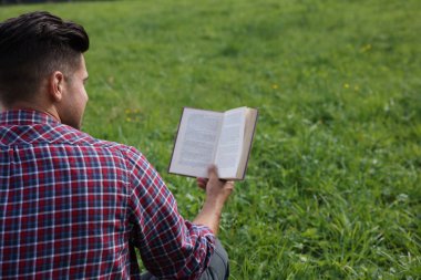 Yeşil çimenler üzerine kitap okuyan adam, arka plan