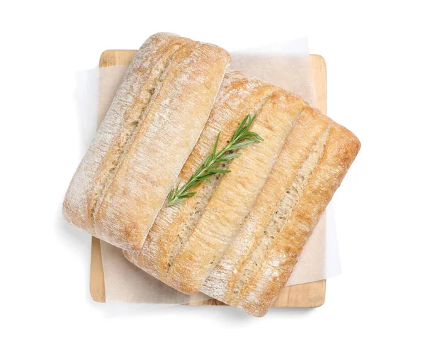 白で隔離されたローズマリーとクリスピーCiabatta トップビュー 新鮮なパン — ストック写真