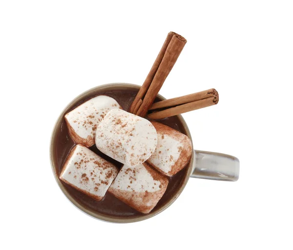 Copo Delicioso Chocolate Quente Com Marshmallows Paus Canela Isolados Branco — Fotografia de Stock