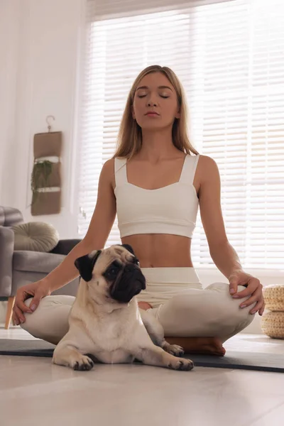 Mooie Vrouw Met Hond Beoefenen Van Yoga Thuis — Stockfoto