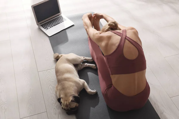 Frau Mit Hund Verfolgt Online Yoga Kurs Hause Oben — Stockfoto