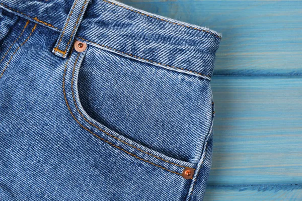 Stylish Blue Jeans Wooden Background Closeup Inset Pocket — Stock Photo, Image