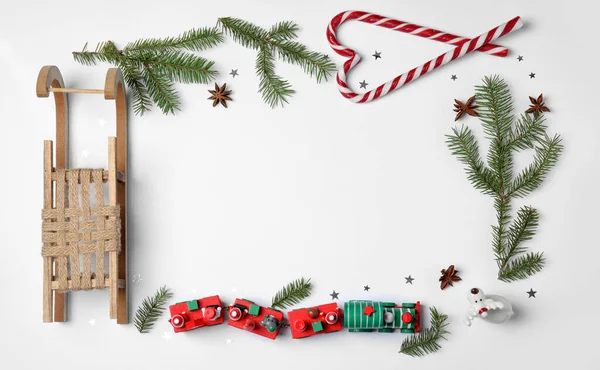 Χριστουγεννιάτικη Ευχετήρια Κάρτα Χώρο Για Κείμενο Επίπεδη Σύνθεση Των Κλαδιών — Φωτογραφία Αρχείου