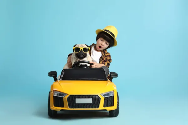 小さな男の子とともに彼の犬でおもちゃの車の中でライトブルーの背景 — ストック写真