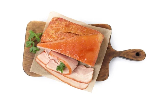 Délicieux Bacon Fumé Persil Sur Fond Blanc Vue Dessus — Photo