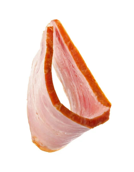 Fatia Delicioso Bacon Defumado Isolado Branco — Fotografia de Stock
