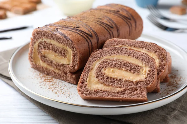 Tasty Chocolate Cake Roll Cream White Wooden Table Closeup — Stock Photo, Image