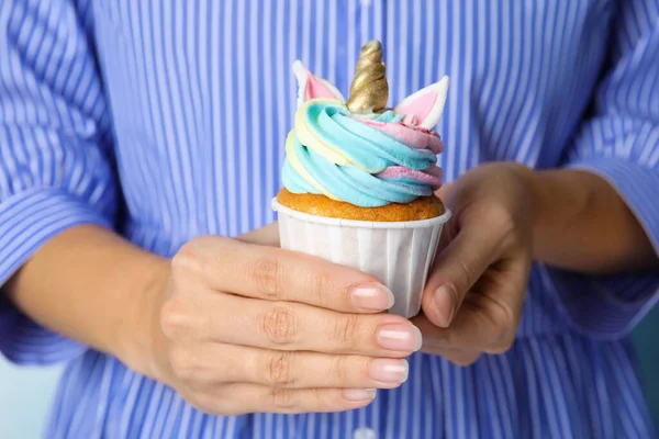 Woman Holding Cute Sweet Unicorn Cupcake Closeup — Stock Photo, Image
