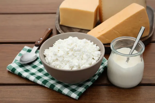 Tasty Cottage Cheese Other Fresh Dairy Products Wooden Table — Stock Photo, Image