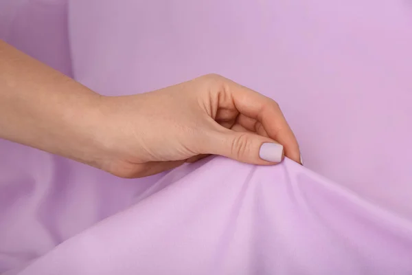 Woman Touching Soft Violet Fabric Closeup Hand — Stock Photo, Image