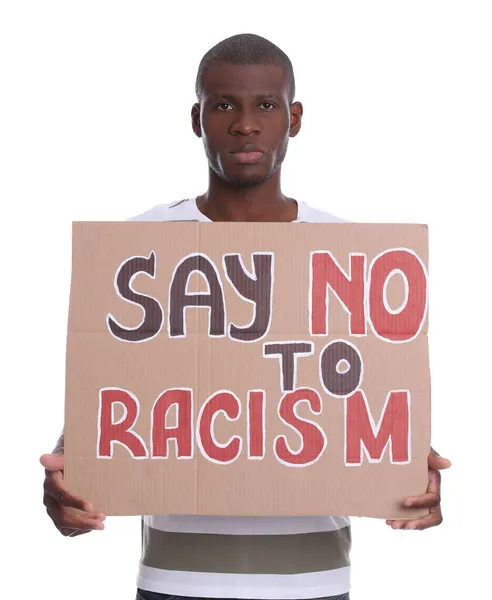 African American Man Holding Sign Phrase Say Racism White Background — Stock Photo, Image