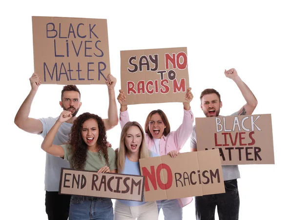 Manifestantes Manifestando Diferentes Consignas Antirracistas Sobre Fondo Blanco Gente Sosteniendo —  Fotos de Stock