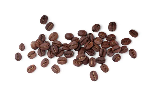 Rostade Kaffe Bönor Vit Bakgrund Ovanifrån — Stockfoto