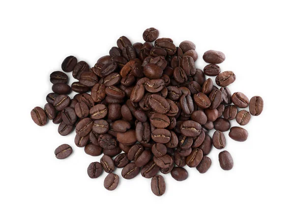 Högen Med Rostade Kaffebönor Vit Bakgrund Ovanifrån — Stockfoto