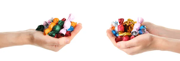 Women Holding Candies Colorful Wrappers Closeup Collage — Stock Photo, Image