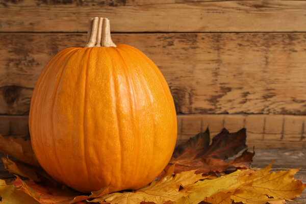 Fresh ripe pumpkin and dry leaves on wooden table, space for text