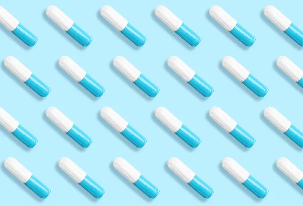 Many Tampons Light Blue Background Flat Lay — Stock Photo, Image