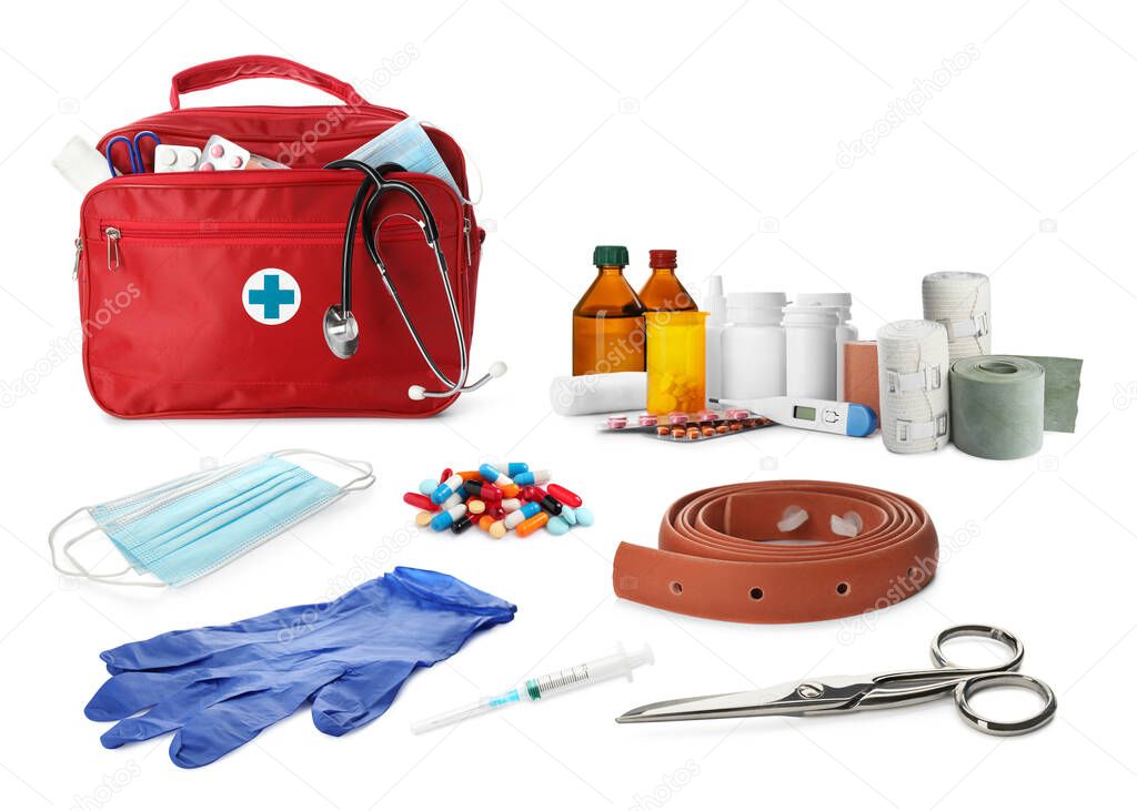 First aid kit. Set with different medical supplies on white background