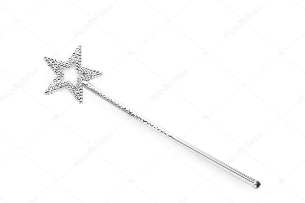 Beautiful silver magic wand isolated on white, top view