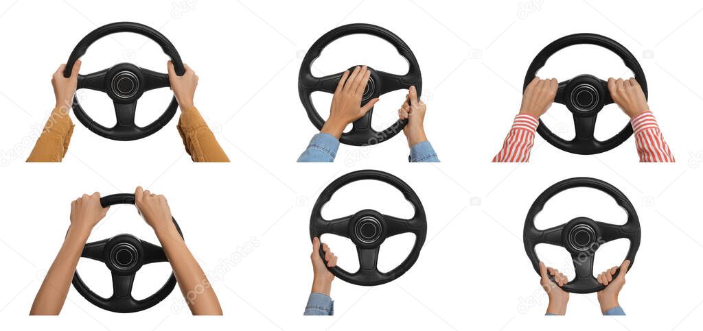 Collage with photos of women with steering wheels on white background, closeup. Banner design