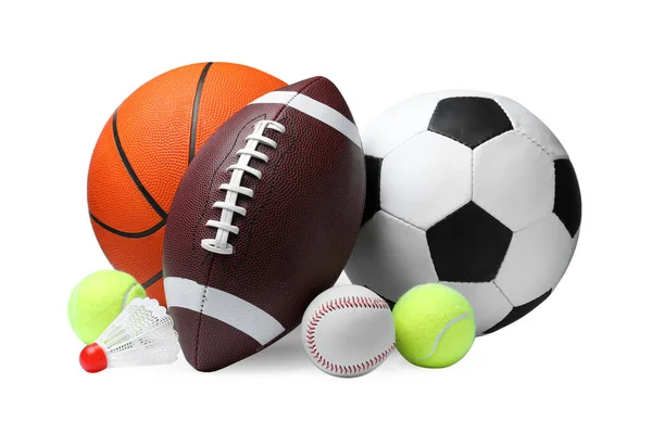 白い背景に異なるスポーツボールとシャットダウンのセット — ストック写真