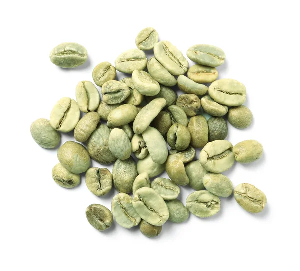 Stapel Groene Koffiebonen Witte Achtergrond Bovenaanzicht — Stockfoto