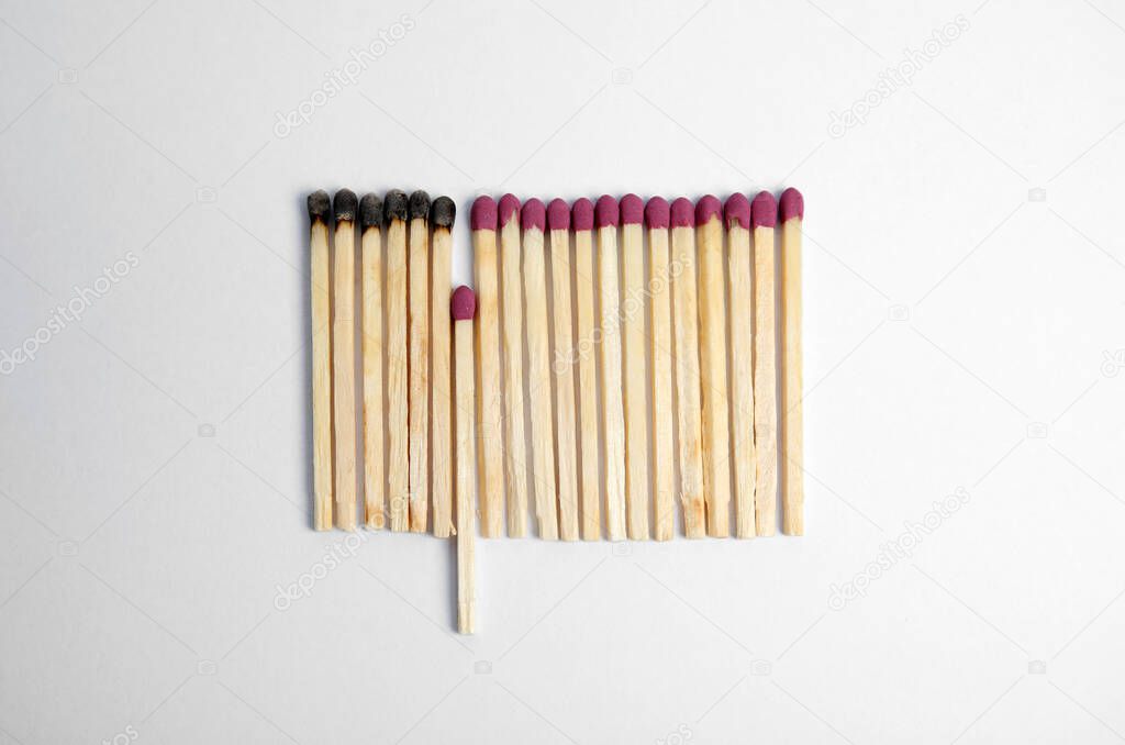 Flat lay composition with burnt and whole matches on white background
