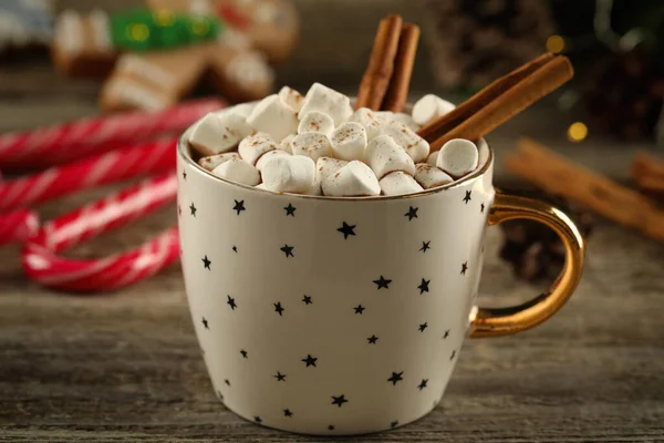 Delicious Hot Chocolate Marshmallows Cinnamon Wooden Table Closeup — Stock Photo, Image