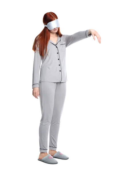 Young Woman Wearing Pajamas Mask Slippers Sleepwalking State White Background — Stock Photo, Image
