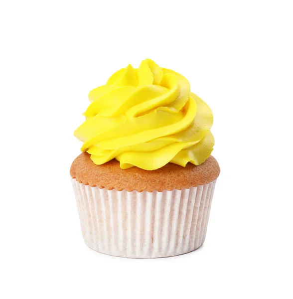 白の上に黄色のクリームが孤立したおいしいカップケーキ — ストック写真