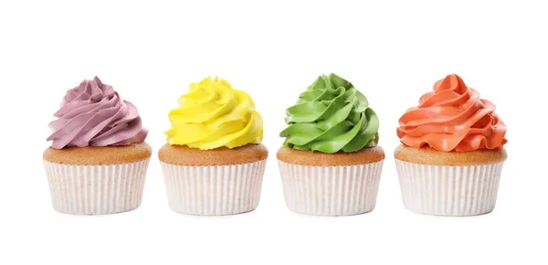 Diferentes Deliciosos Cupcakes Coloridos Fundo Branco — Fotografia de Stock