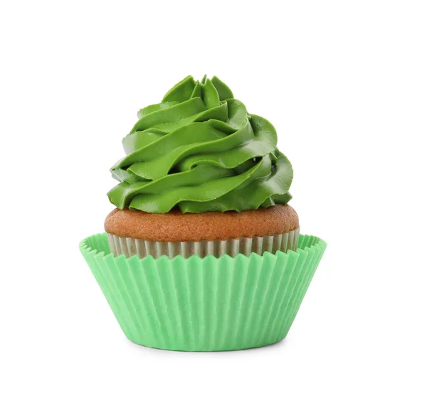 Delizioso Cupcake Con Crema Verde Isolata Bianco — Foto Stock