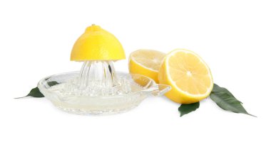 Cam sıkacağı ve beyaz arka planda taze limonlar