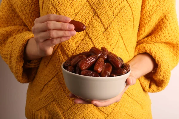 Woman Bowl Tasty Sweet Dried Dates Light Background Closeup — Stock Photo, Image